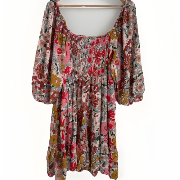 JODIFL Boho Floral Mini Dress Off Shoulder Long Sleeve Pink Yellow Size 1X - Picture 2 of 9